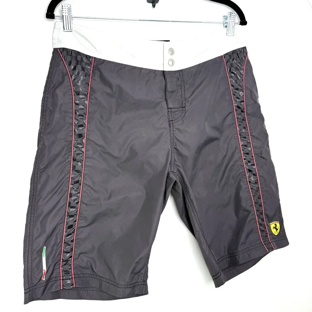Ferrari Swim Trunks Size S Gray White Mesh Board Shorts‎ Logo Italy Racing Rare